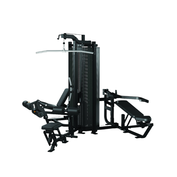 Equipamento de musculação completo com três torres de peso e múltiplas estações para exercícios de peito, costas, pernas e ombros, ideal para uso simultâneo de até três pessoas.