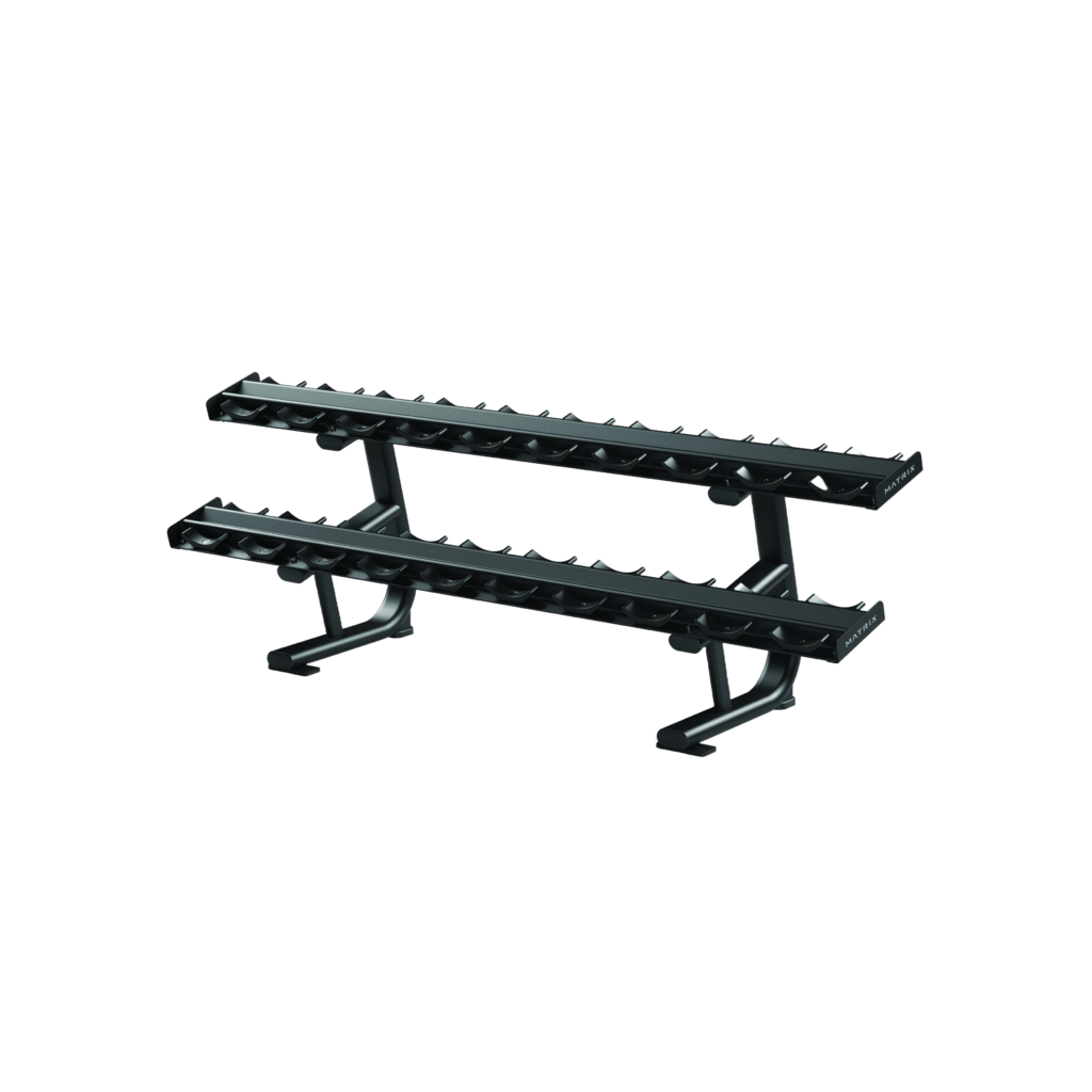 Rack para halteres com 10 pares de halteres em duas fileiras, estrutura tubular resistente e bandeja angulada.