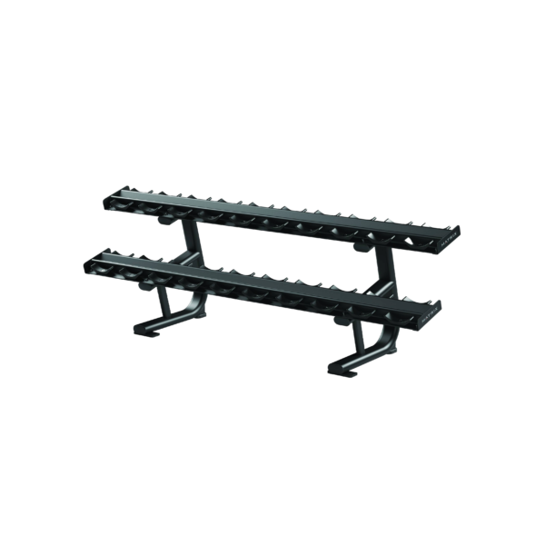 Rack para halteres com 10 pares de halteres em duas fileiras, estrutura tubular resistente e bandeja angulada.