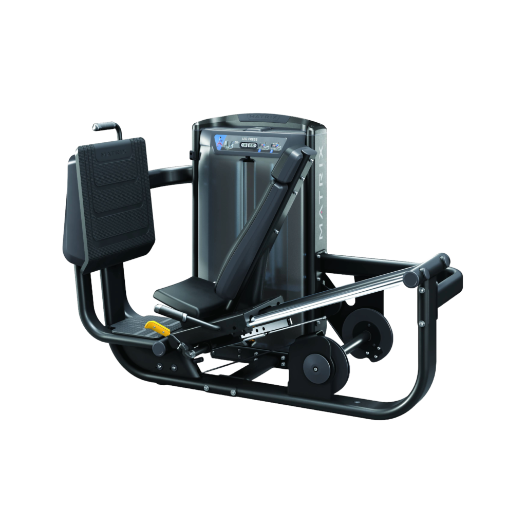 Ultra Leg Press com assento inclinado, plataforma superdimensionada para os pés e estrutura reforçada para treino de pernas.
