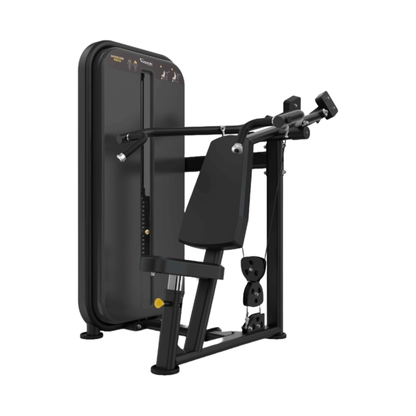 Shoulder Press com assento ajustável, encosto ergonômico e sistema seletorizado de carga, ideal para treinos de ombro em academias profissionais