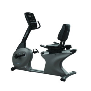 Bicicleta horizontal com design reclinado e apoio lombar para treinos confortáveis de baixo impacto.