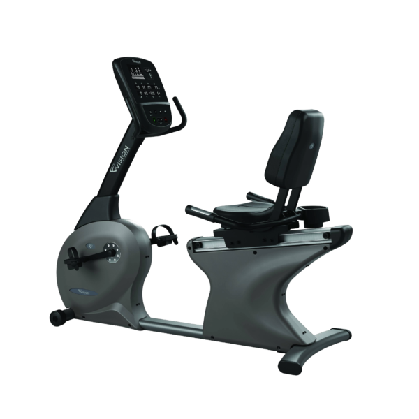 Bicicleta horizontal com design reclinado e apoio lombar para treinos confortáveis de baixo impacto.