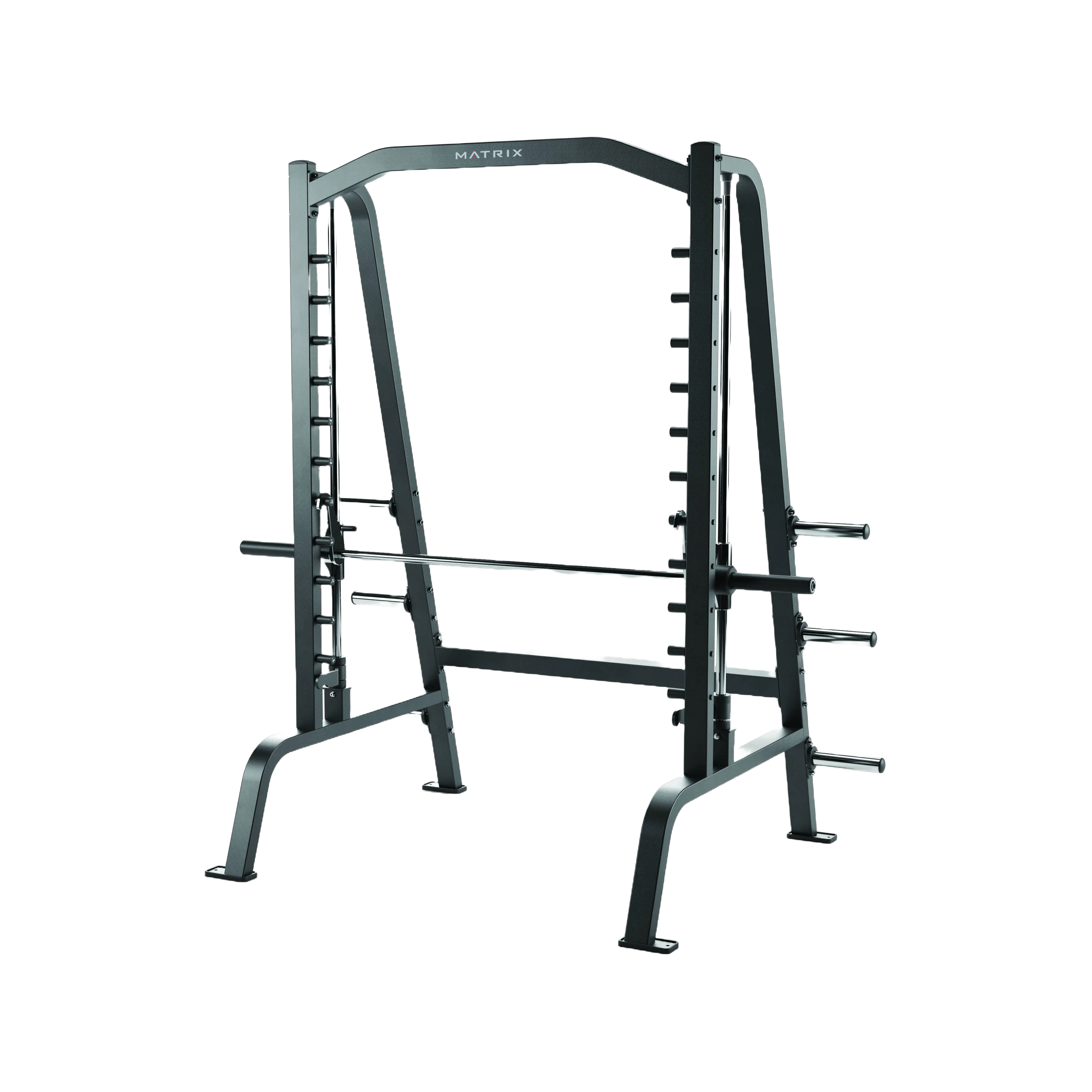 Máquina Smith com suportes de peso integrados e limitador de segurança inferior