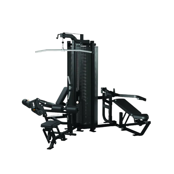 Equipamento de musculação completo com três torres de peso e múltiplas estações para exercícios de peito, costas, pernas e ombros, ideal para uso simultâneo de até três pessoas.