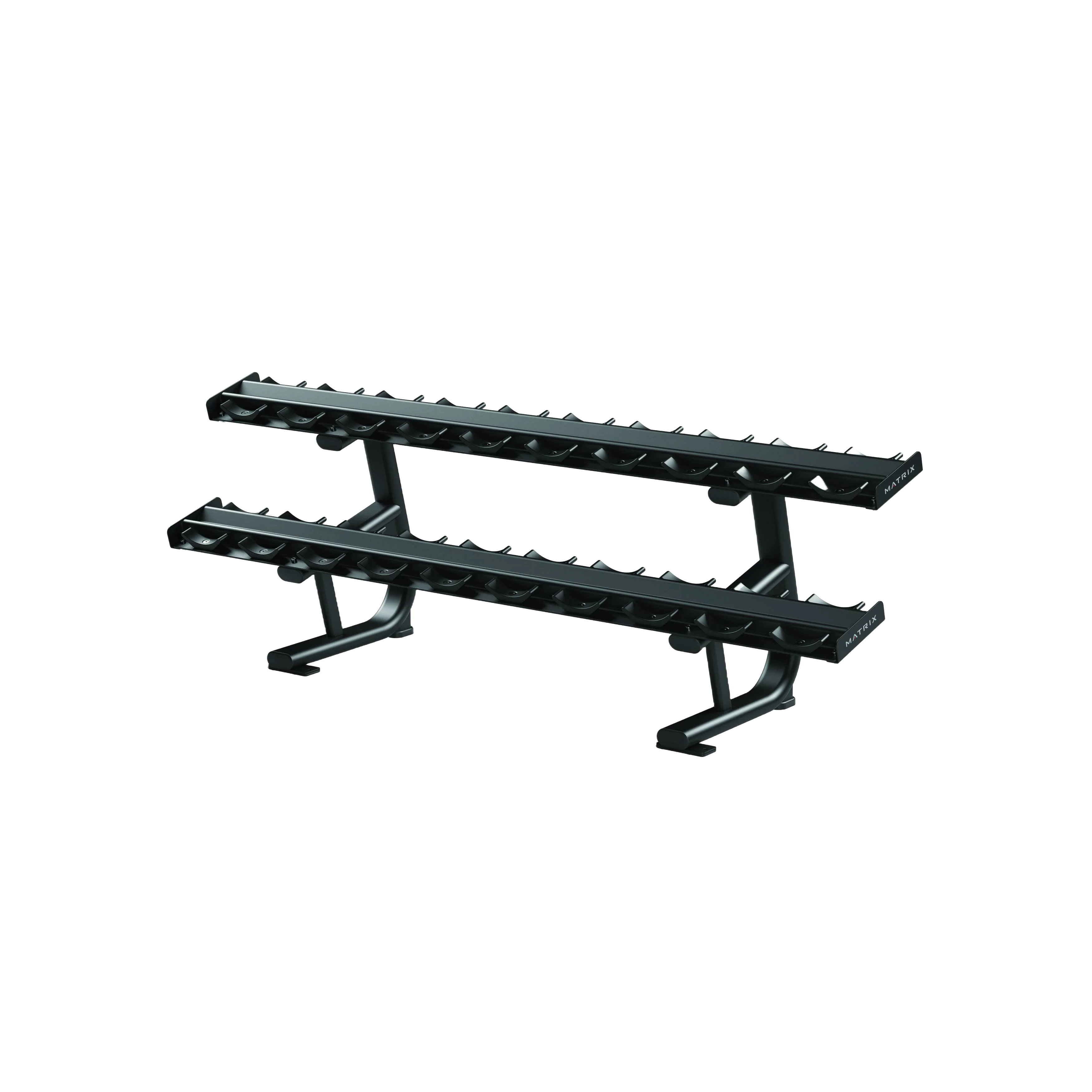 Rack para halteres com 10 pares de halteres em duas fileiras, estrutura tubular resistente e bandeja angulada.