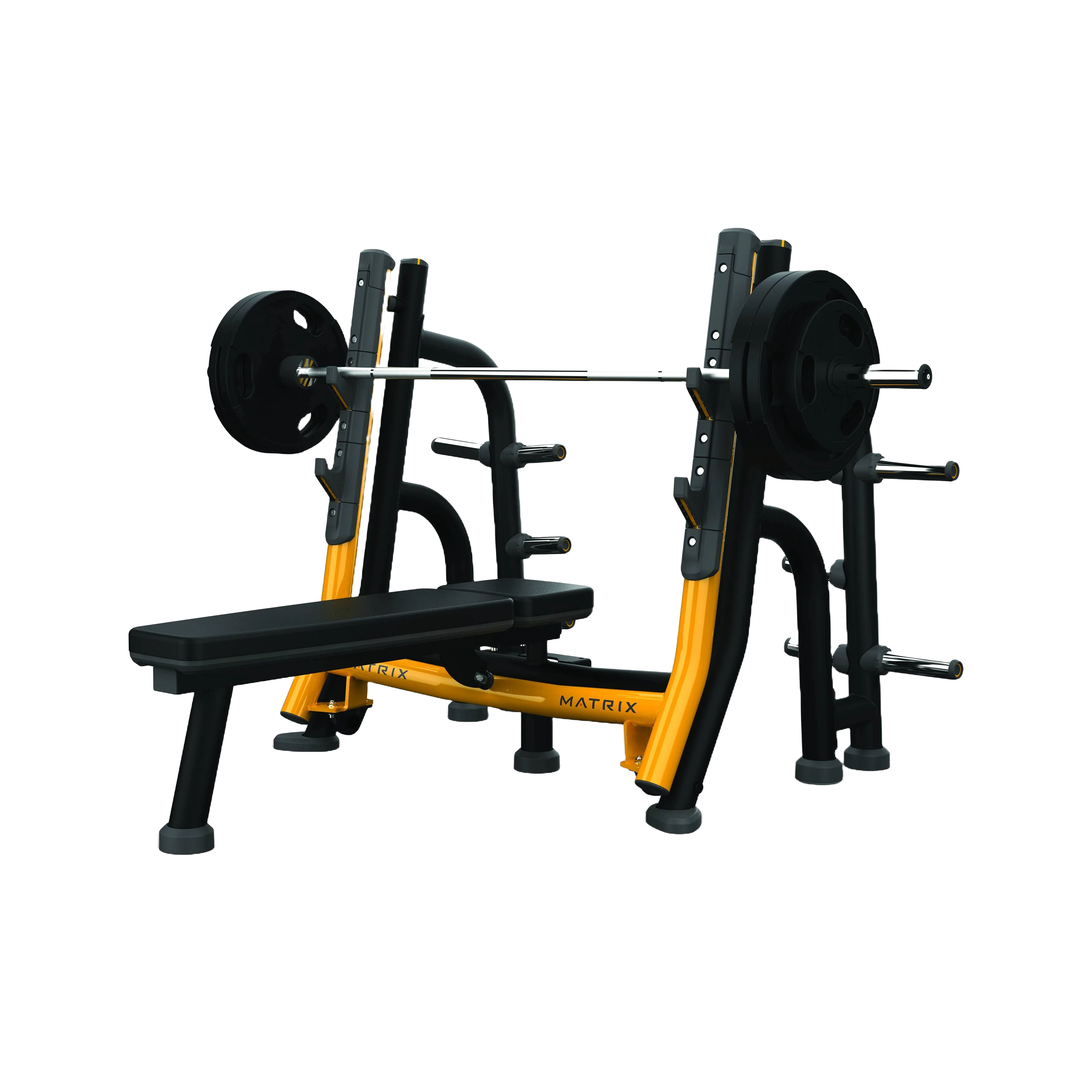 Banco Olímpico Reto Magnum com estrutura robusta, estofado largo e pinos de armazenamento para anilhas.