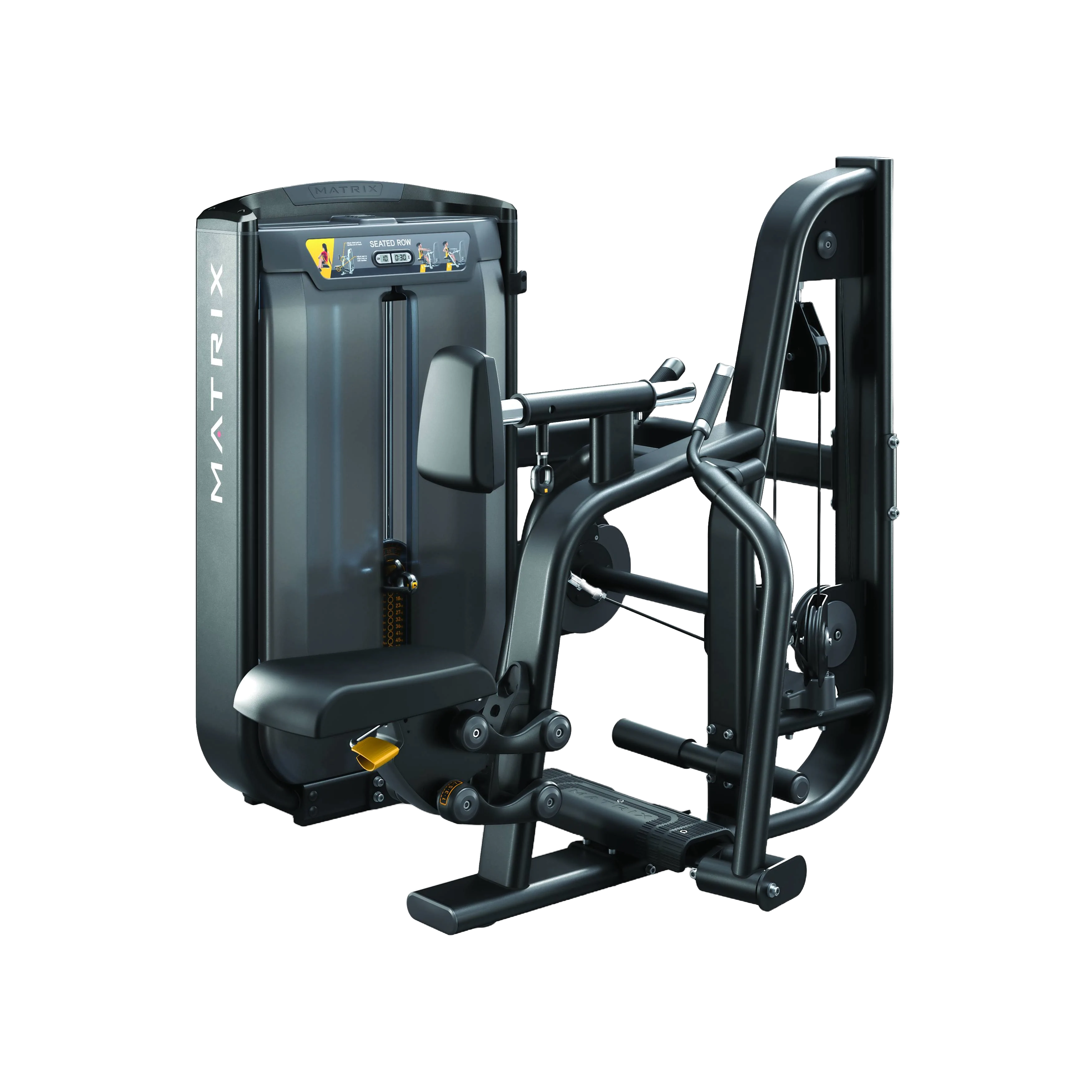 Remada Sentada Divergente com braços independentes e apoio ajustável para tórax.