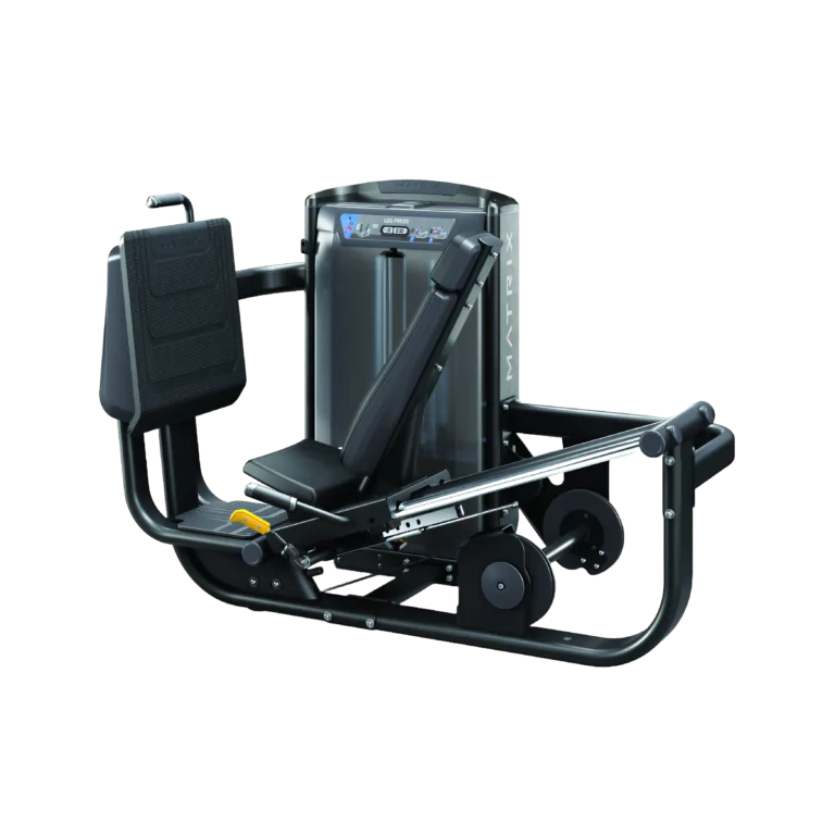 Ultra Leg Press com assento inclinado, plataforma superdimensionada para os pés e estrutura reforçada para treino de pernas.