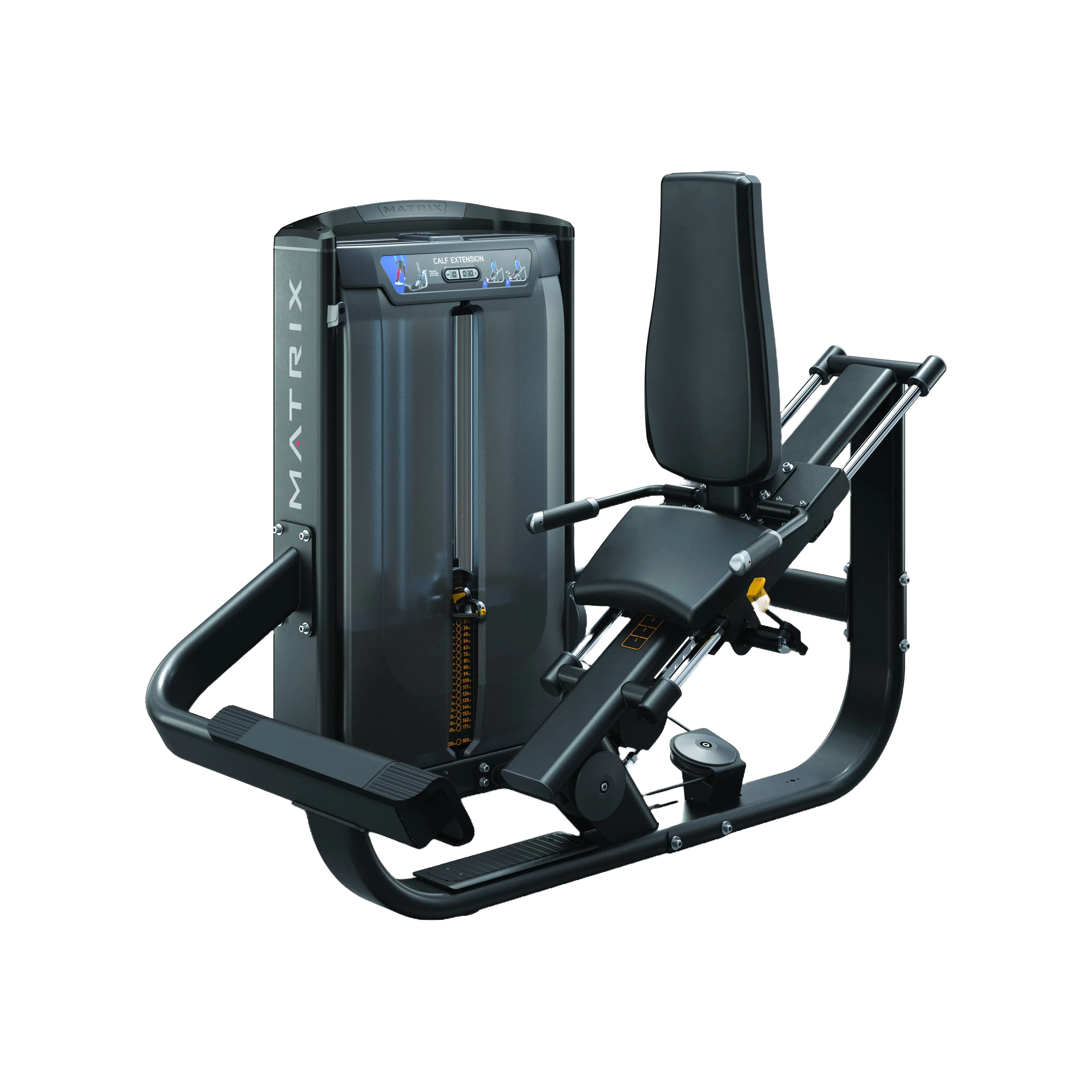 Extensor de Panturrilha com assento inclinado, pega ergonômica e estrutura robusta para treinos de panturrilha.