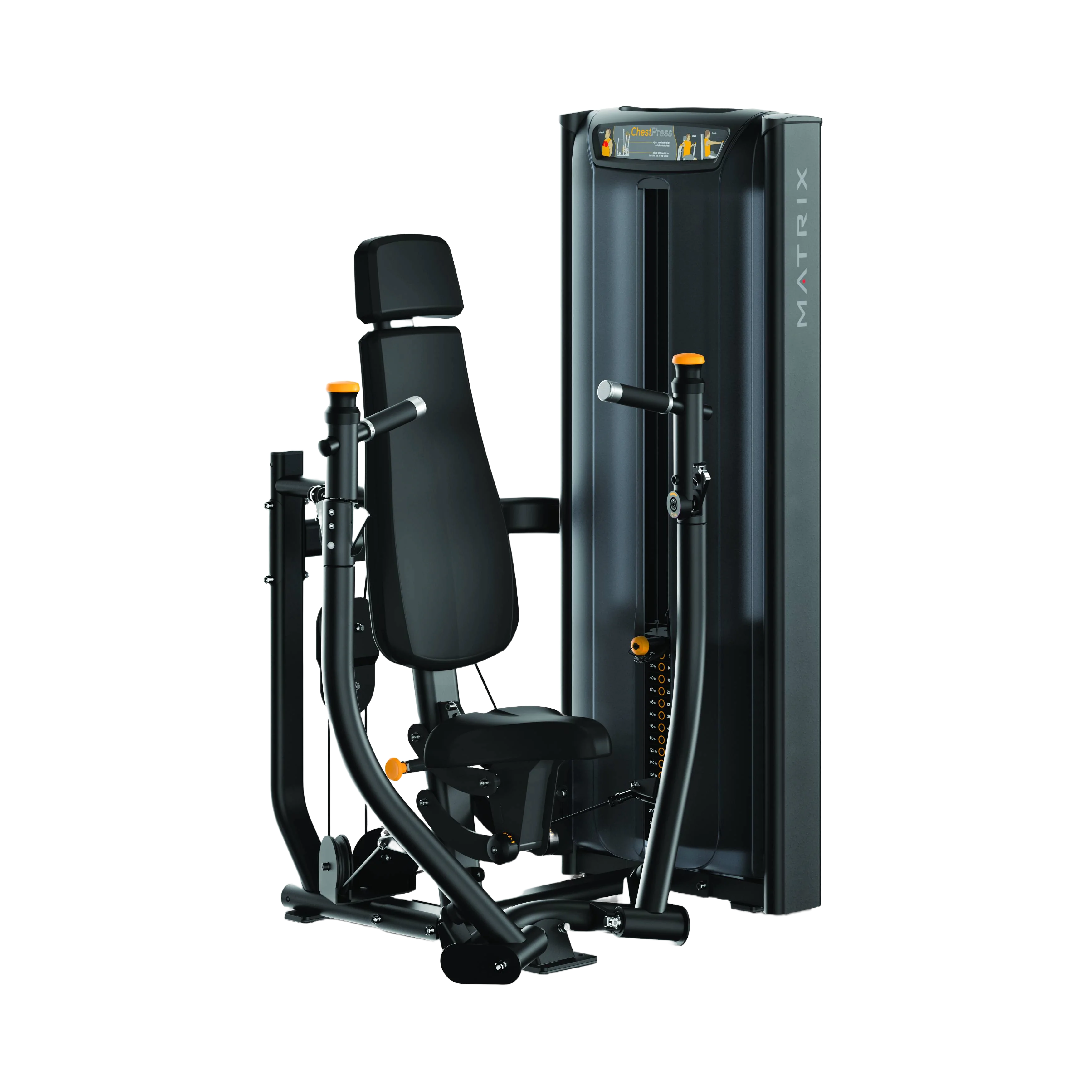 Estação Chest Press, com estrutura robusta e braços articulados independentes, projetada para o treino dos músculos peitorais com conforto e eficiência.