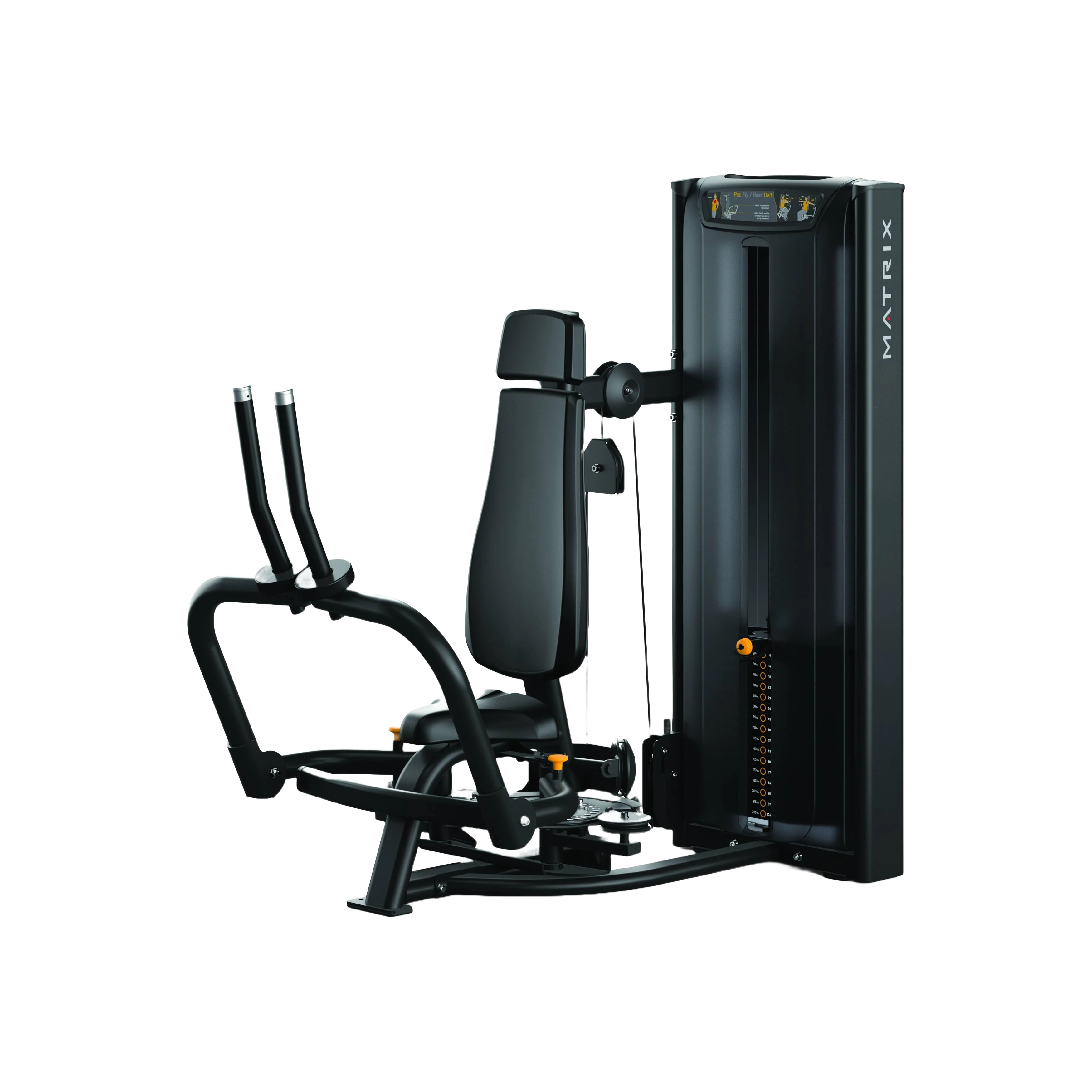 Estação dupla Versa Pec Fly / Rear Delt com design compacto e empunhaduras superdimensionadas para treino eficiente de peito e ombros.