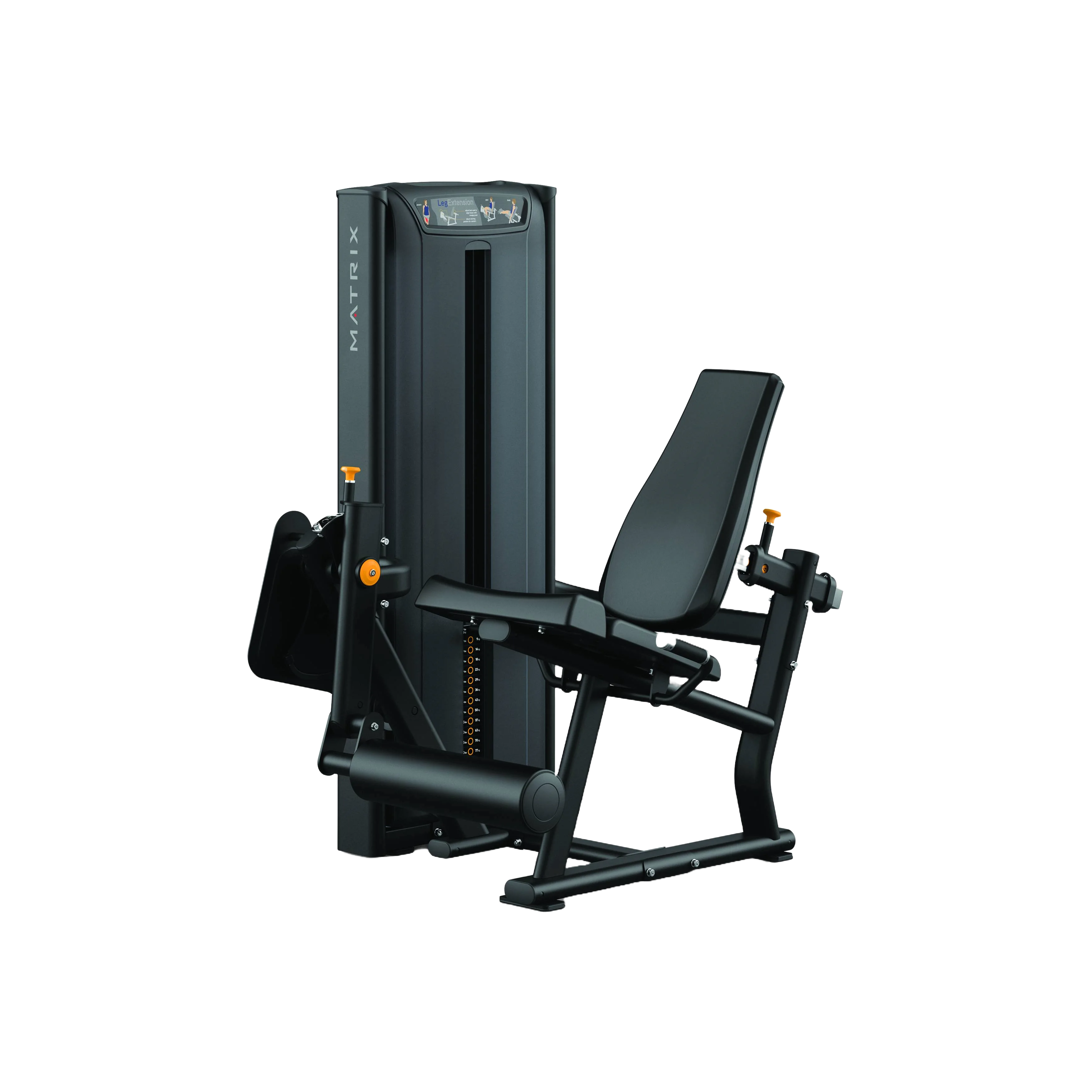 Cadeira extensora com encosto inclinado e almofada ajustável, ideal para treinos de quadríceps em academias.