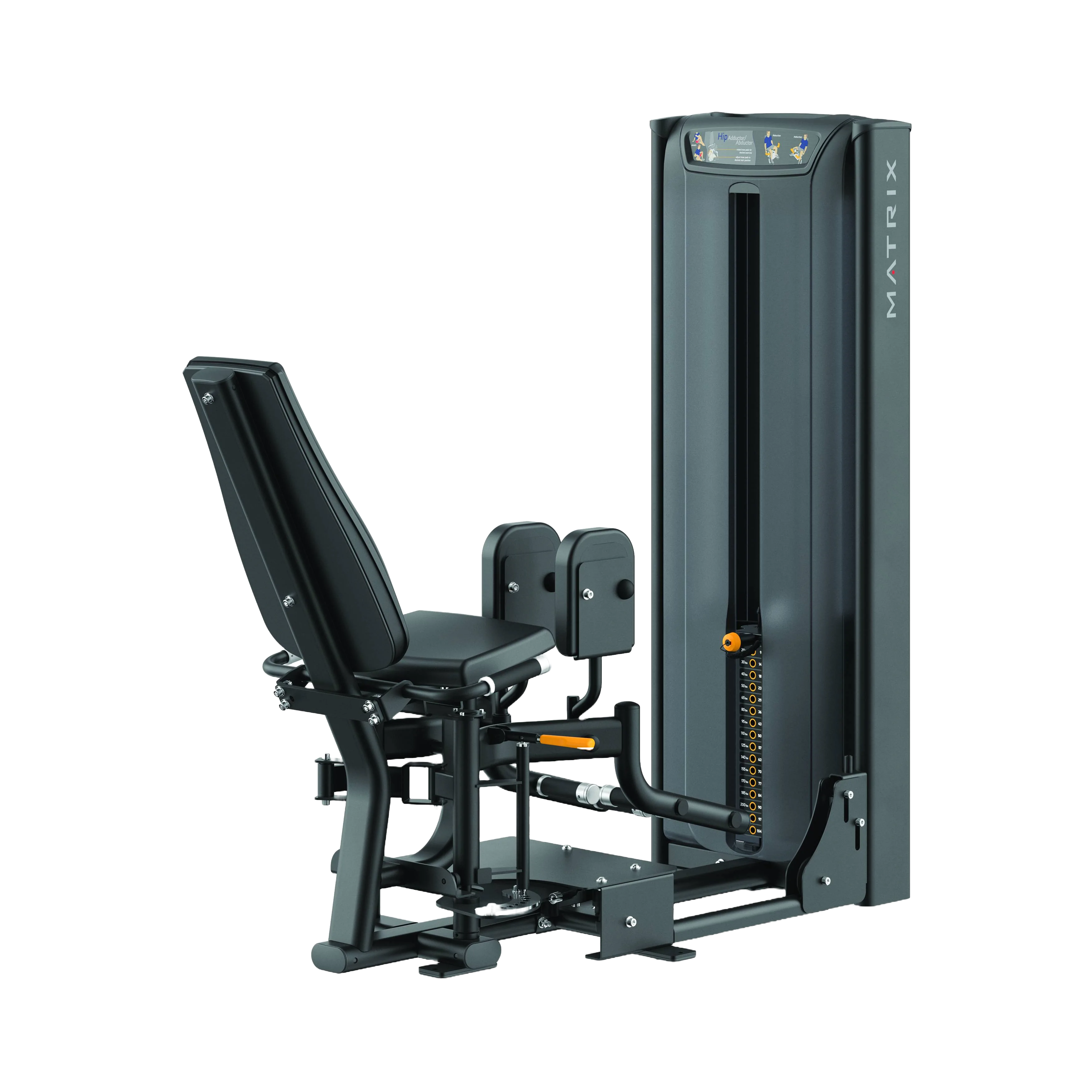 Cadeira Abductor / Adductor em estrutura metálica com assento reclinável e pontos de ajuste acessíveis para treino de membros inferiores.