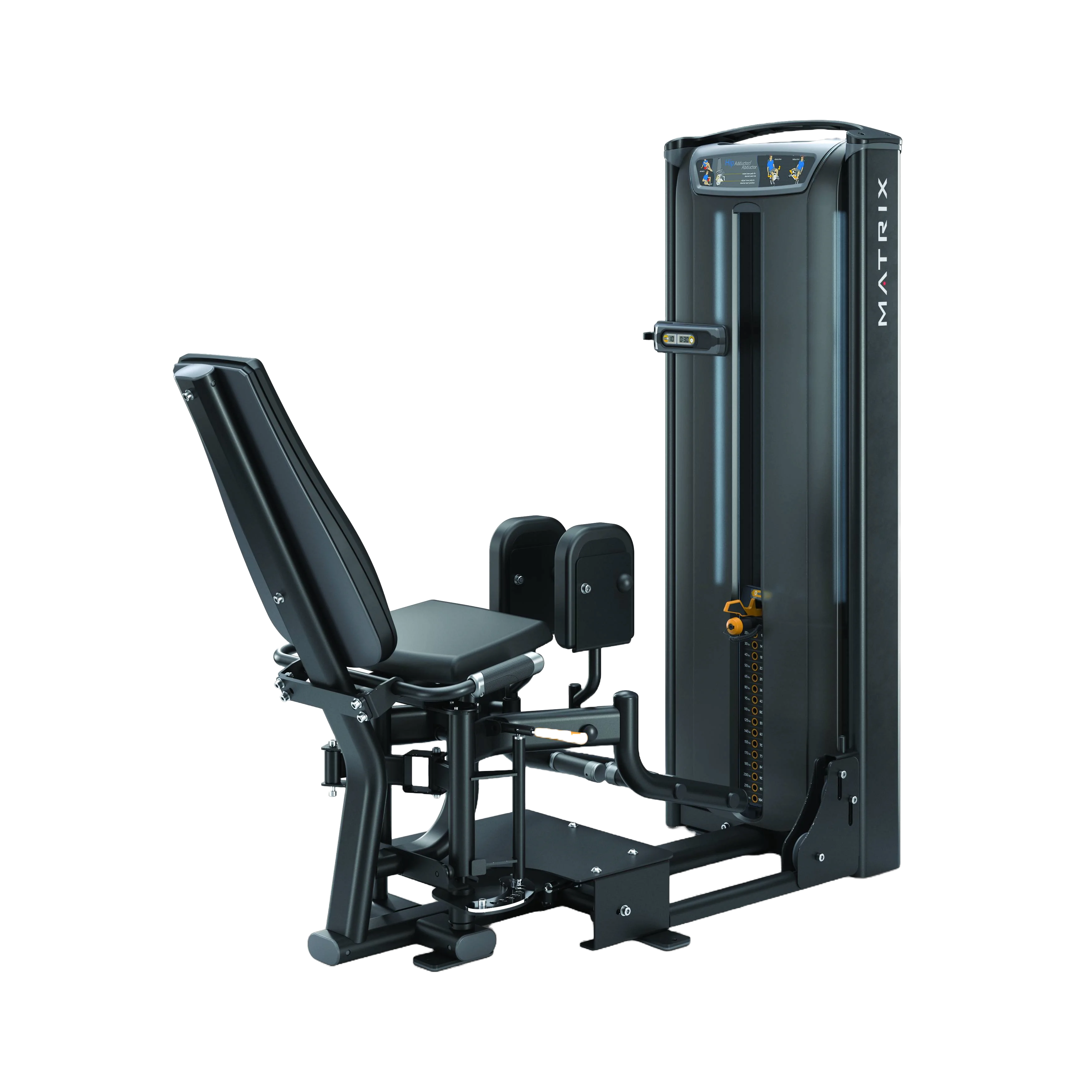 Cadeira abdutora e adutora com encosto reclinado, ajustes visuais e estrutura dupla para treinos completos de membros inferiores.