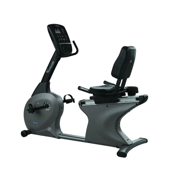 Bicicleta horizontal com design reclinado e apoio lombar para treinos confortáveis de baixo impacto.